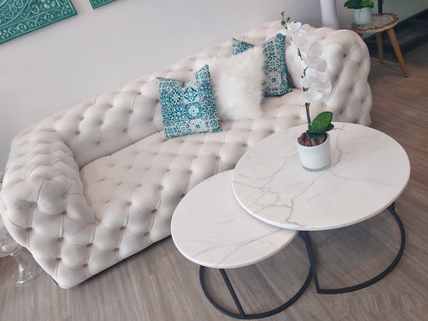 Table Basse Marbre blanc carrare ,Pied en métal gris mat (Petite)